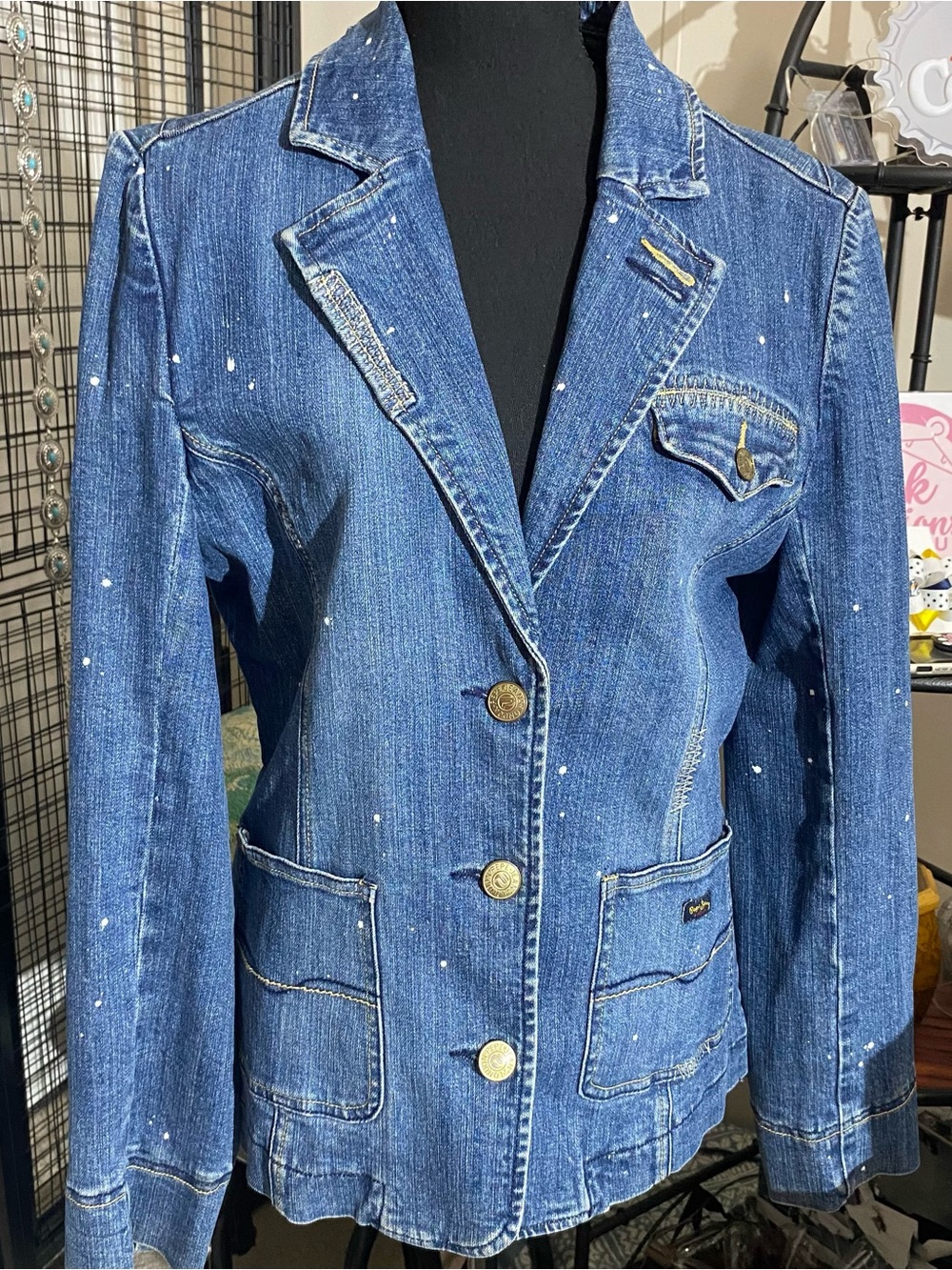 Pepe Jeans Vintage Y2K Blue Denim Blazer with Paint-Splatter Detail